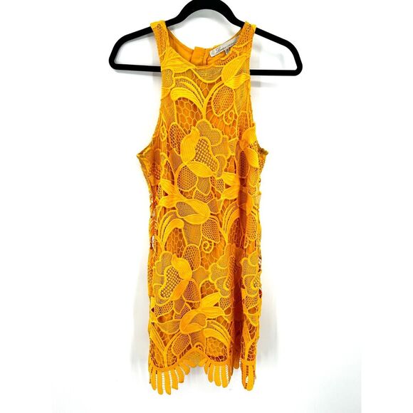 LOVERS + FRIENDS Yellow Marigold Floral Lace Scalloped Caspian Mini Dress Medium - Picture 4 of 10